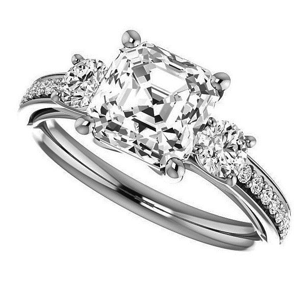 Asscher cut Moissanite 3-Stone Engagement Ring