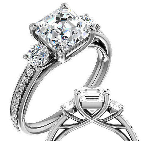 Asscher cut Moissanite 3-Stone Engagement Ring