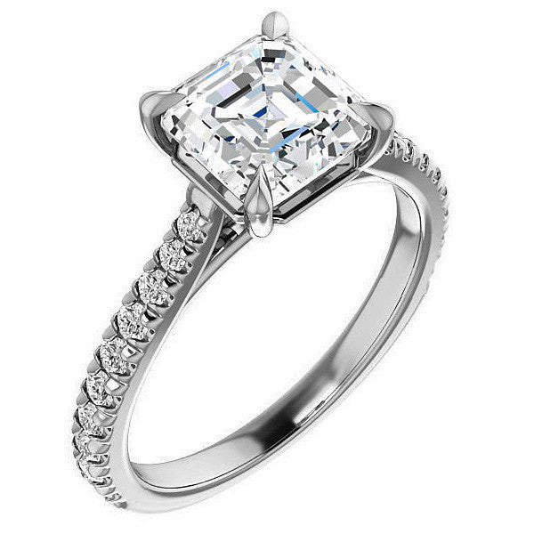 Cathedral Asscher cut Moissanite Eng Ring with Claw Prongs