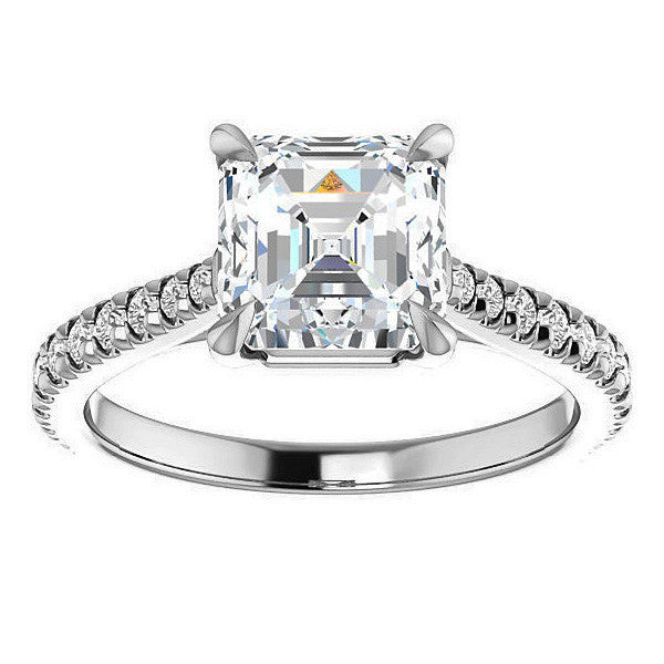 Cathedral Asscher cut Moissanite Eng Ring with Claw Prongs