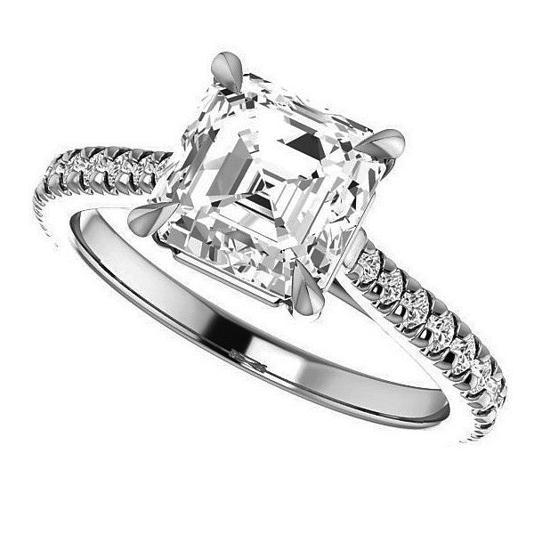 Cathedral Asscher cut Moissanite Eng Ring with Claw Prongs