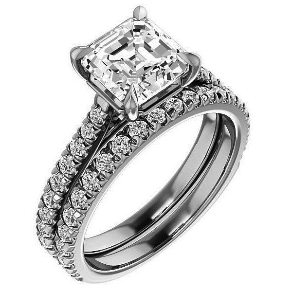 Cathedral Asscher cut Moissanite Eng Ring with Claw Prongs