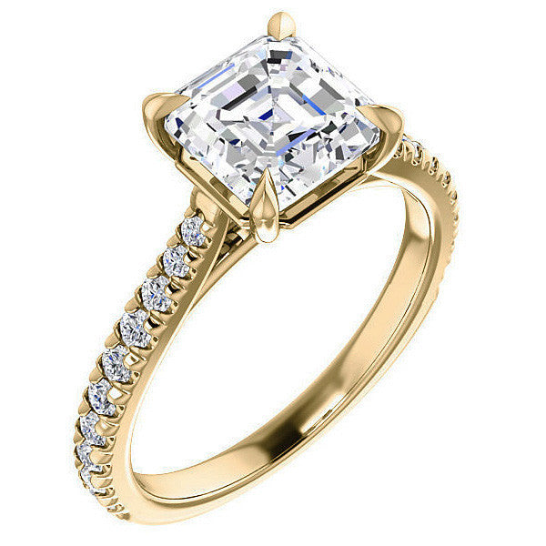 Cathedral Asscher cut Moissanite Eng Ring with Claw Prongs