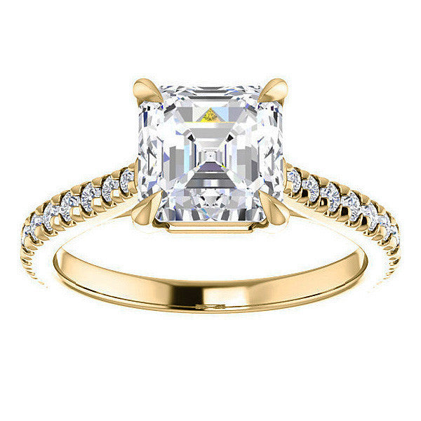 Cathedral Asscher cut Moissanite Eng Ring with Claw Prongs