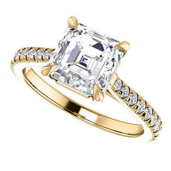 Cathedral Asscher cut Moissanite Eng Ring with Claw Prongs