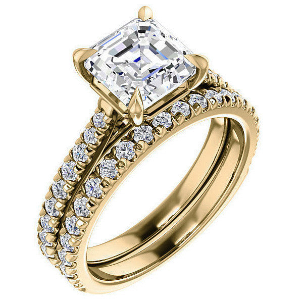 Cathedral Asscher cut Moissanite Eng Ring with Claw Prongs