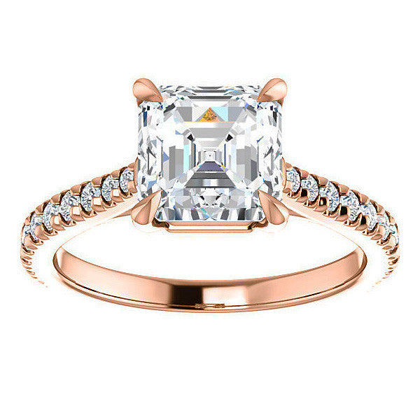 Cathedral Asscher cut Moissanite Eng Ring with Claw Prongs