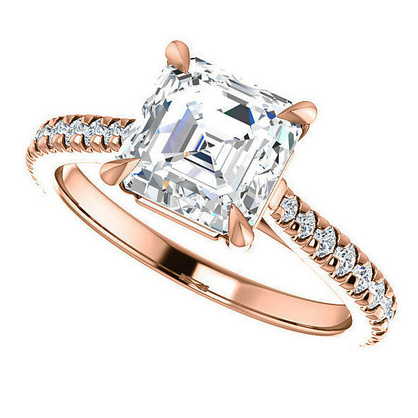 Cathedral Asscher cut Moissanite Eng Ring with Claw Prongs