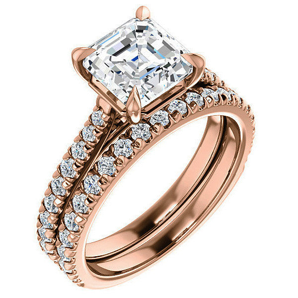 Cathedral Asscher cut Moissanite Eng Ring with Claw Prongs