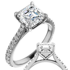 Cathedral Asscher cut Moissanite Eng Ring with Claw Prongs