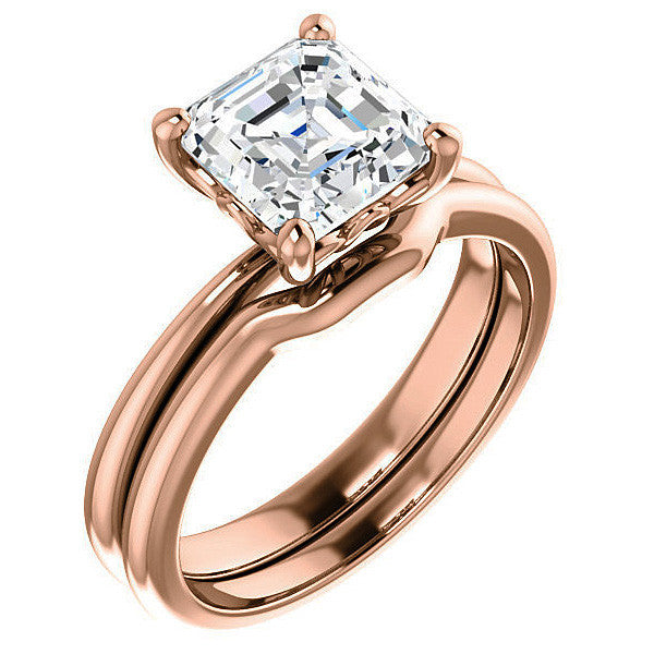 Asscher cut Moissanite Solitaire with Scroll Accent Basket Design
