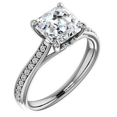 Asscher Cathedral Engagement Ring with Scroll Accents