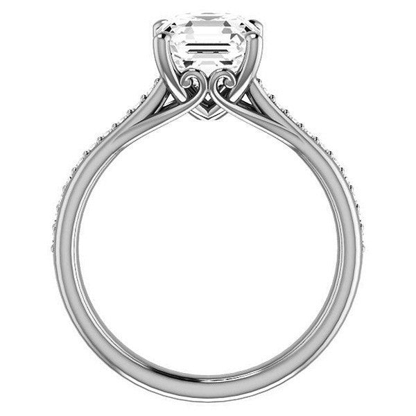 Asscher Cathedral Engagement Ring with Scroll Accents
