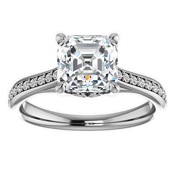 Asscher Cathedral Engagement Ring with Scroll Accents