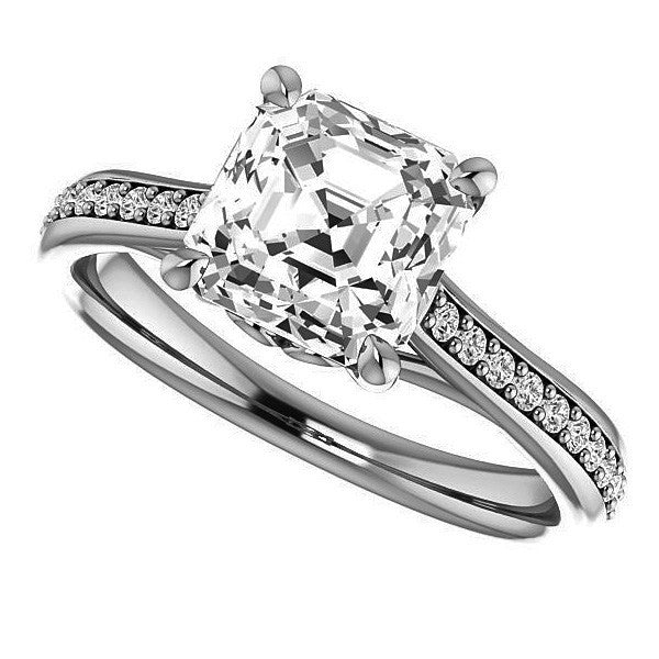 Asscher Cathedral Engagement Ring with Scroll Accents