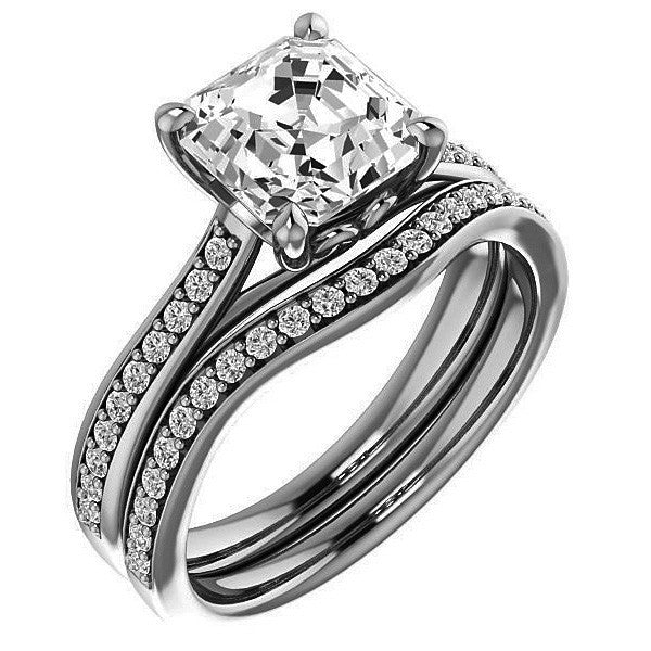Asscher Cathedral Engagement Ring with Scroll Accents