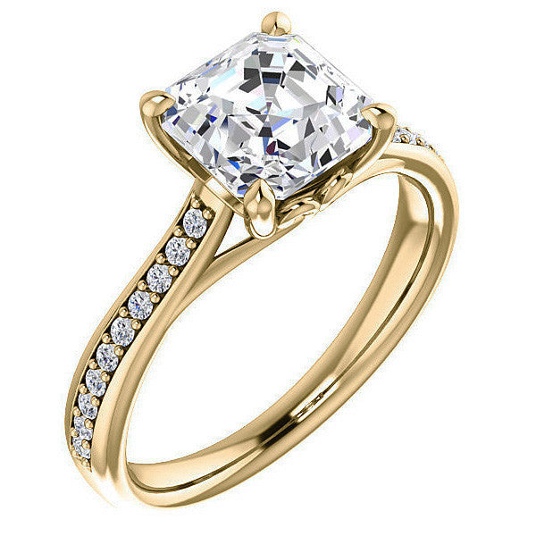 Asscher Cathedral Engagement Ring with Scroll Accents
