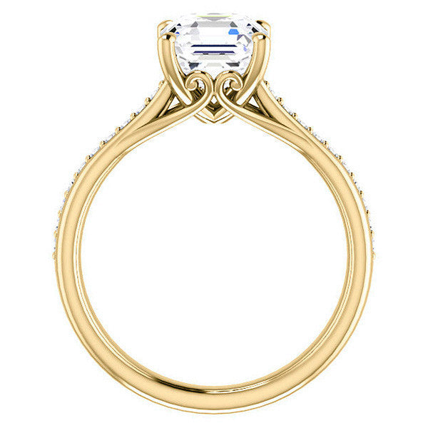 Asscher Cathedral Engagement Ring with Scroll Accents