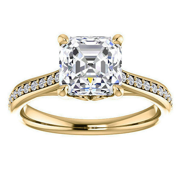 Asscher Cathedral Engagement Ring with Scroll Accents