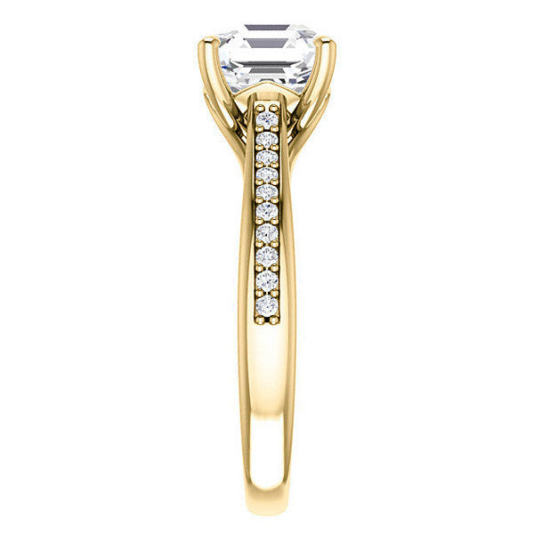 Asscher Cathedral Engagement Ring with Scroll Accents