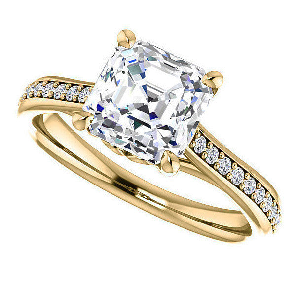 Asscher Cathedral Engagement Ring with Scroll Accents