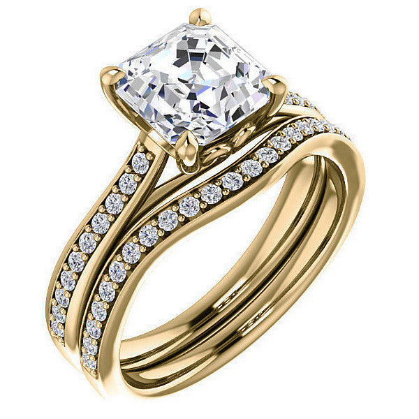 Asscher Cathedral Engagement Ring with Scroll Accents