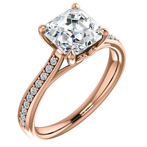 Asscher Cathedral Engagement Ring with Scroll Accents