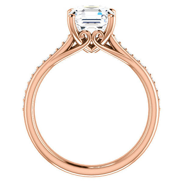 Asscher Cathedral Engagement Ring with Scroll Accents