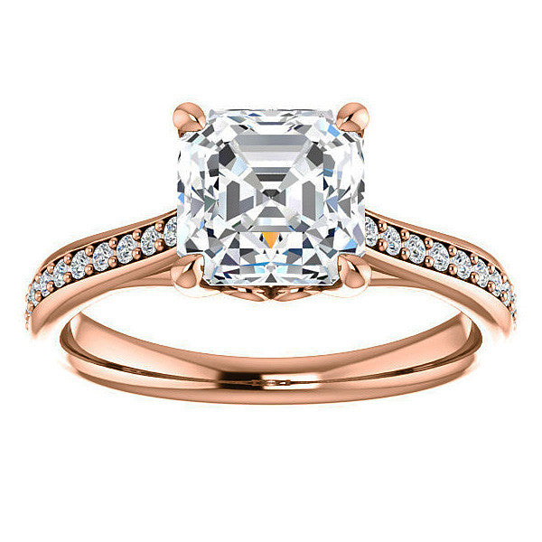 Asscher Cathedral Engagement Ring with Scroll Accents