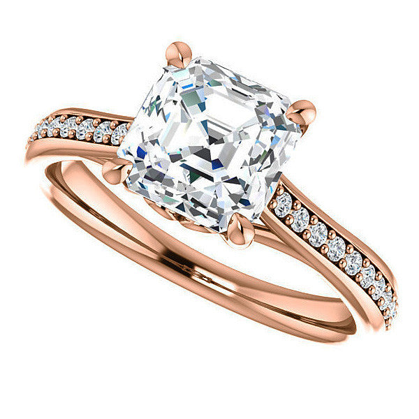 Asscher Cathedral Engagement Ring with Scroll Accents