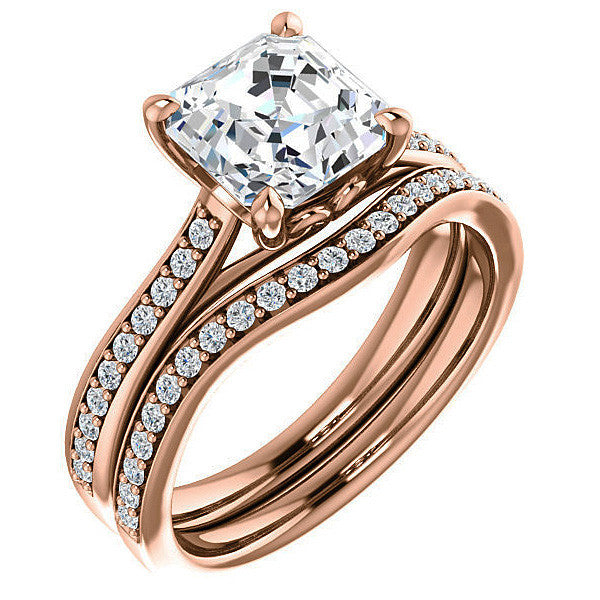 Asscher Cathedral Engagement Ring with Scroll Accents