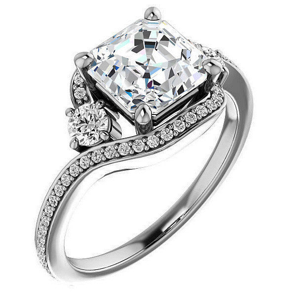 Asscher Accented Bypass Halo Engagement Ring