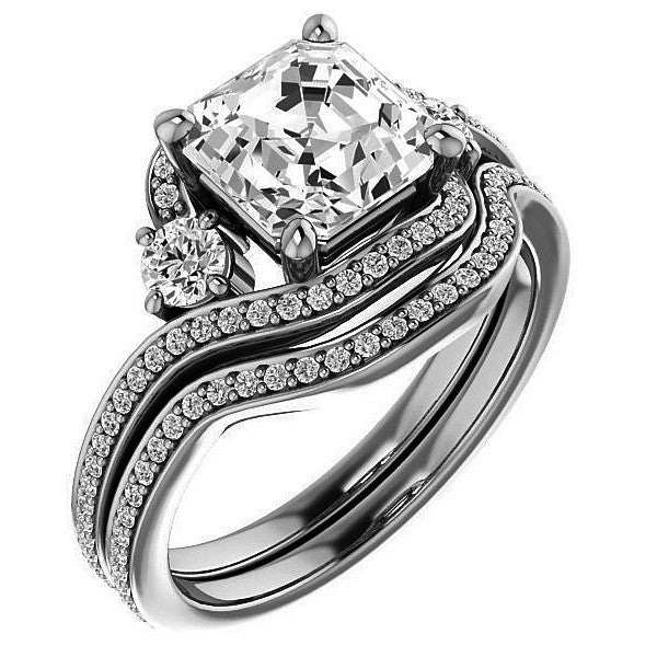 Asscher Accented Bypass Halo Engagement Ring