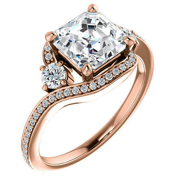 Asscher Accented Bypass Halo Engagement Ring