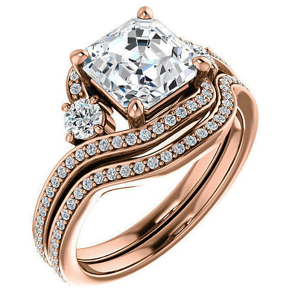 Asscher Accented Bypass Halo Engagement Ring