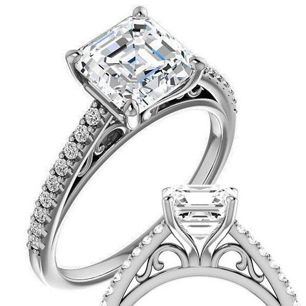 Asscher cut Cathedral Engagement Ring with Scroll Accents