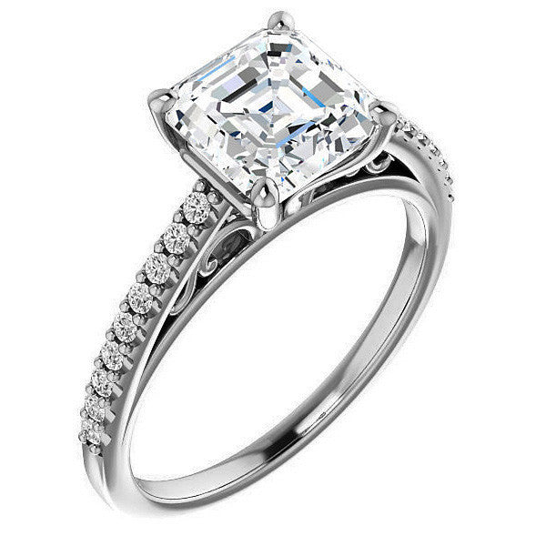 Asscher cut Cathedral Engagement Ring with Scroll Accents