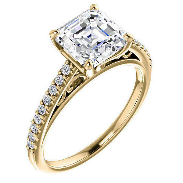 Asscher cut Cathedral Engagement Ring with Scroll Accents