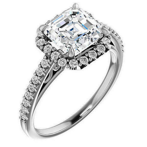 Asscher cut Petite Halo Engagement Ring with Scroll Accent