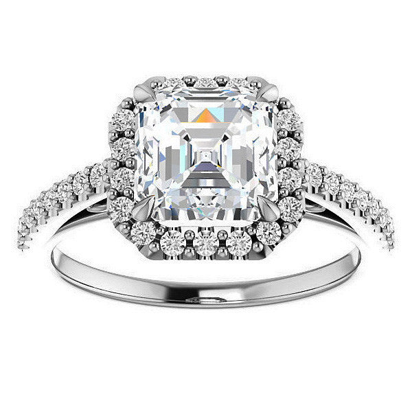 Asscher cut Petite Halo Engagement Ring with Scroll Accent