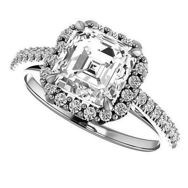Asscher cut Petite Halo Engagement Ring with Scroll Accent