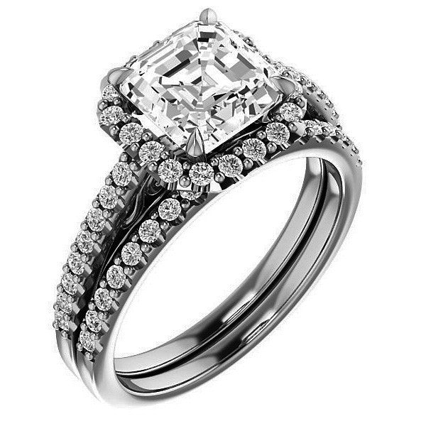 Asscher cut Petite Halo Engagement Ring with Scroll Accent