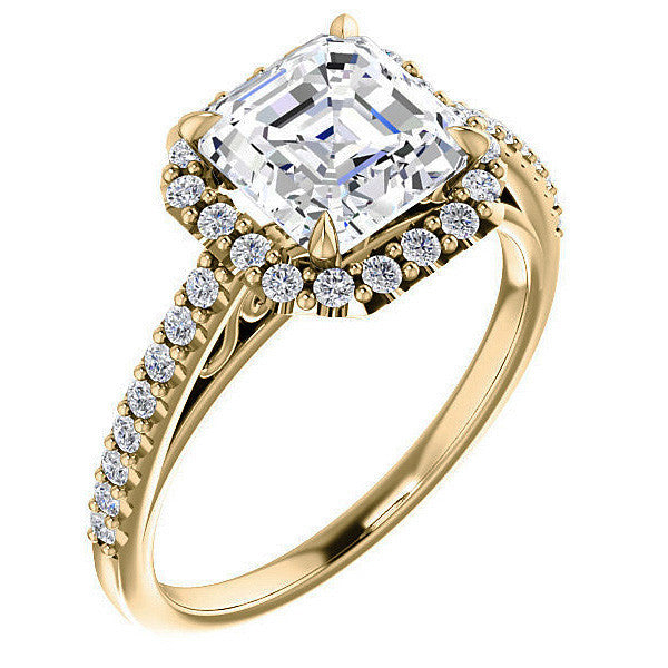 Asscher cut Petite Halo Engagement Ring with Scroll Accent