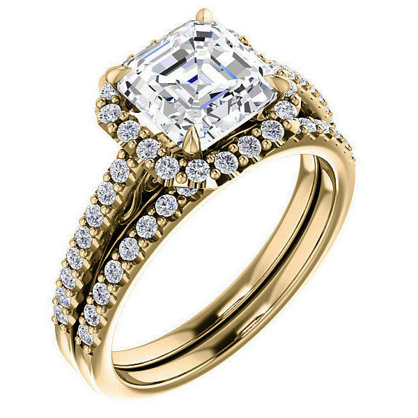 Asscher cut Petite Halo Engagement Ring with Scroll Accent