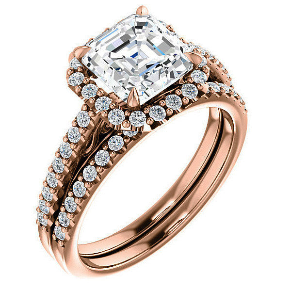 Asscher cut Petite Halo Engagement Ring with Scroll Accent