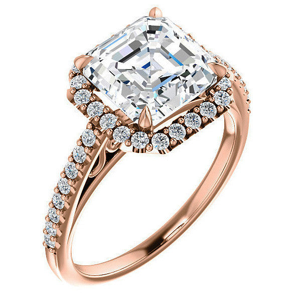 Asscher cut Petite Halo Engagement Ring with Scroll Accent