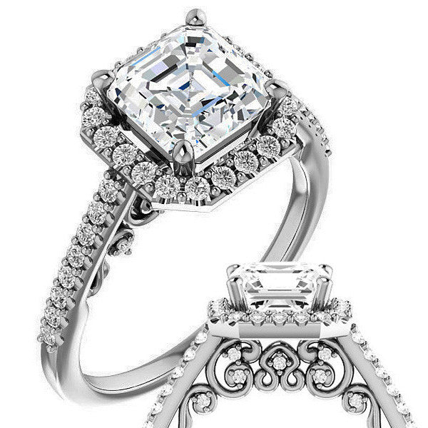 Asscher Halo Engagement Ring with Scroll Accent