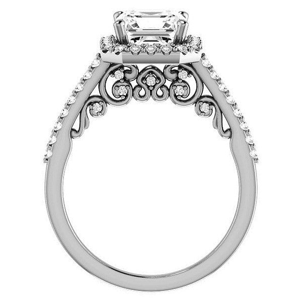 Asscher Halo Engagement Ring with Scroll Accent