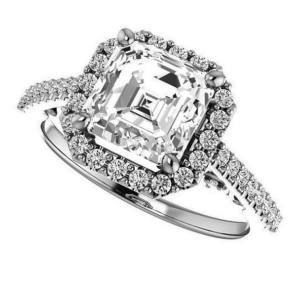 Asscher Halo Engagement Ring with Scroll Accent