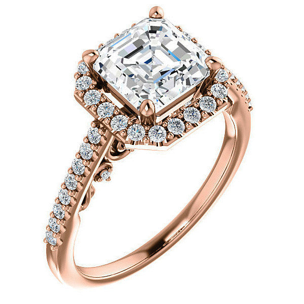 Asscher Halo Engagement Ring with Scroll Accent